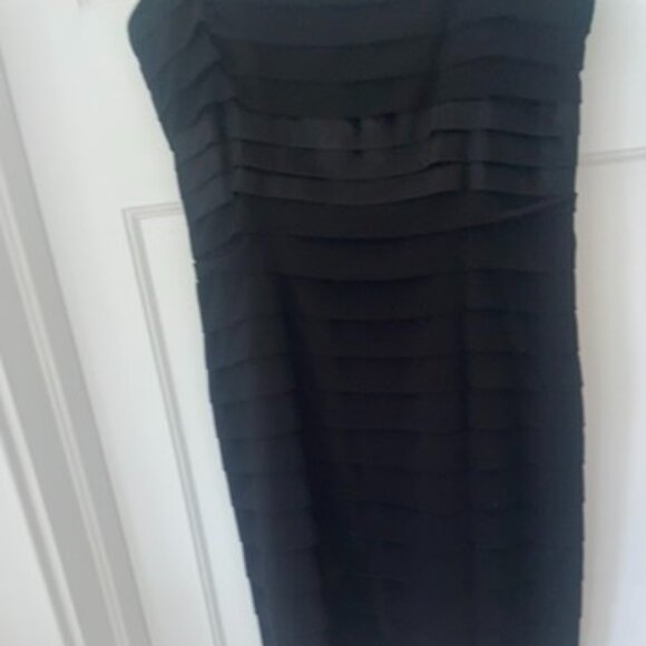 Anne Klein Formal Dress, Tiered Black Satin, Mid-Length - Picture 2 of 6